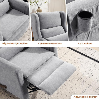 Power Recliner Chair Swivel Glider with Adjustable Headrest，Oversized Swivel Rocker Recliner with Lumbar Support, Upholstered Nursery Glider Recliner for Living Room,White