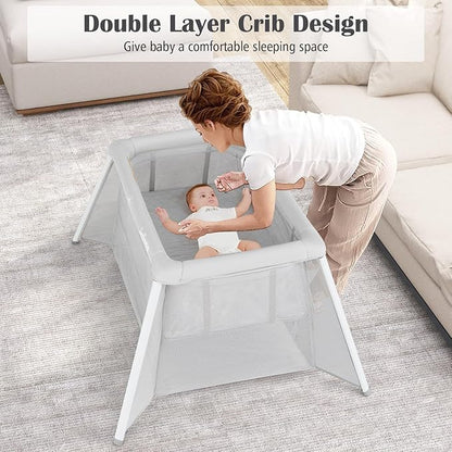 INFANS Travel Crib, Portable Baby Playpen with Removable Bassinet Soft Mattress Carry Bag, Foldable Lightweight Playard Nursery Center for Newborns Toddlers (Light Gray)