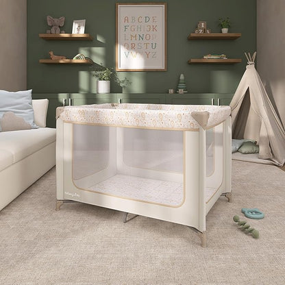 Dream On Me Zodiak Baby Playard, Breathable Mesh Sides, Soft Comfortable Mattress, Quick & Easy to Fold with Travel Carry Bag, Compact Space Saving Design - Beige