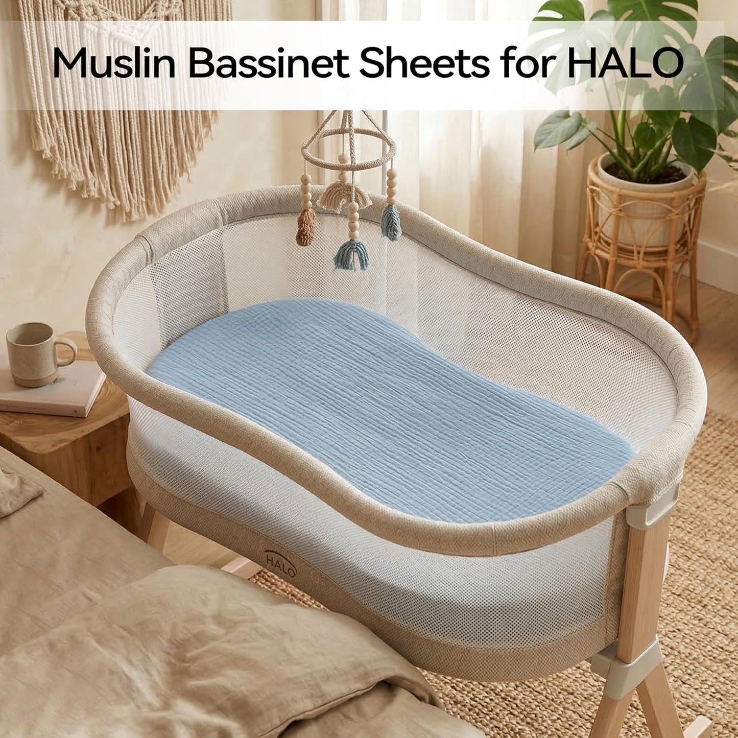 Muslin Bassinet Sheet Compatible with Maxi-COSI Iora & Iora Air Bedside Sleeper - 100% Cotton Rectangular Mattress Pad Cover (33"x20"), Breathable & Soft, Boho (1 Pack Blue)