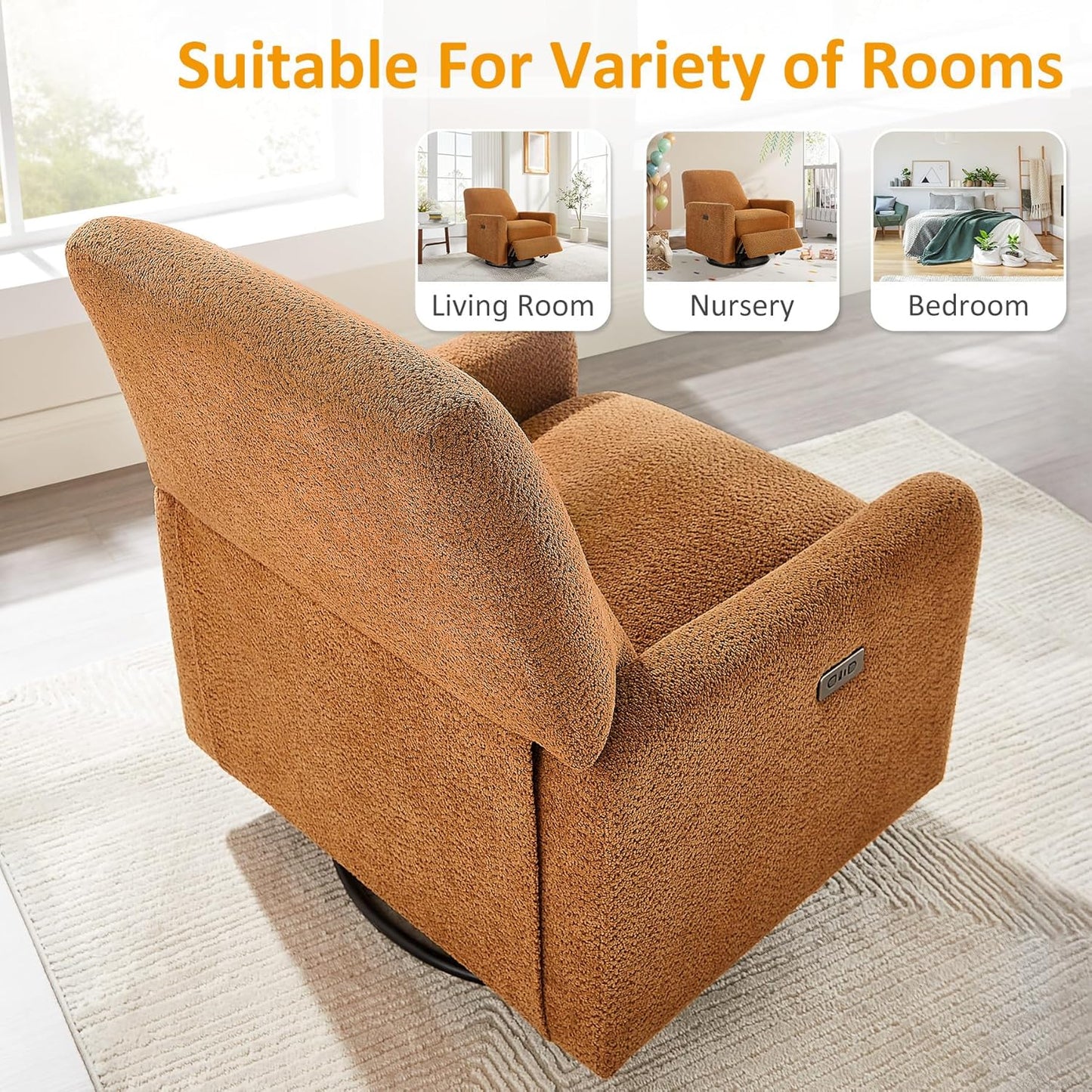 VANOMi Power Swivel Glider Recliner Chair, Electric Nursery Rocker Recliner Chair, USB & Type-C Charger, Boucle White