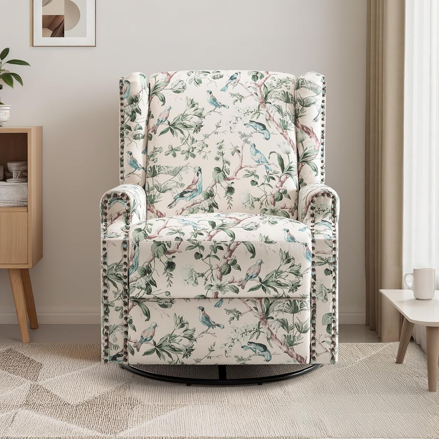 Swivel Rocker Recliner Chair, Manual Nursery Glider Recliner, Floral Fabric Wingback Accent Chair with Adjustable Backrest & Footrest for Small Spaces Living Room Bedroom (Plants Floral, Set of 1)
