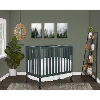 Dream On Me Jett Mini Folding Baby Crib in Olive, GreenGuard Gold & BSA, Lightweight & Portable, Patented Flat Folding System for Small Spaces & Travel, 1.5” Mattress Pad, 3 Heights, Safe Wheels