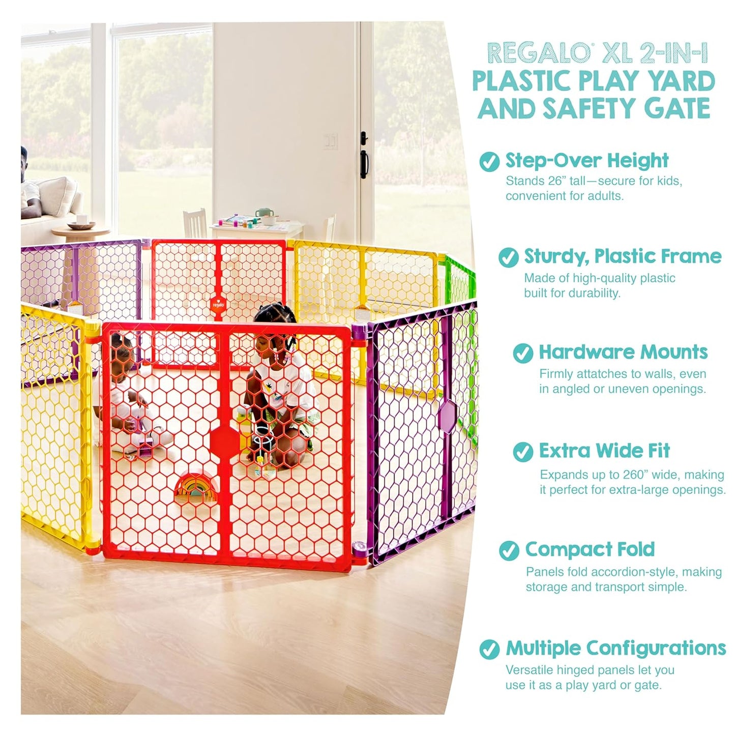 Regalo Safety 192" Super Wide Baby Gate & Play Yard, 2-in-1 Adjustable Playpen for Babies, Toddlers & Pets, Includes Wall Mount Kit, Plastic, Gray