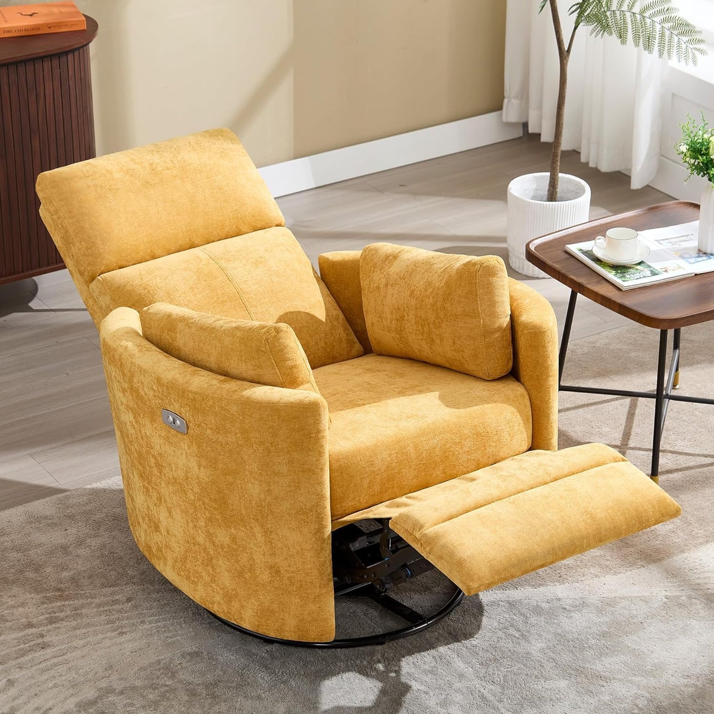 Power Recliner,Nursery Swivel Glider Rocking Chair with USB Port,Upholstered Adult Electric Recliner Rocking Chair with 2 Pillows for Living Room Bedroom (Beige Corduroy, Power-Driven)