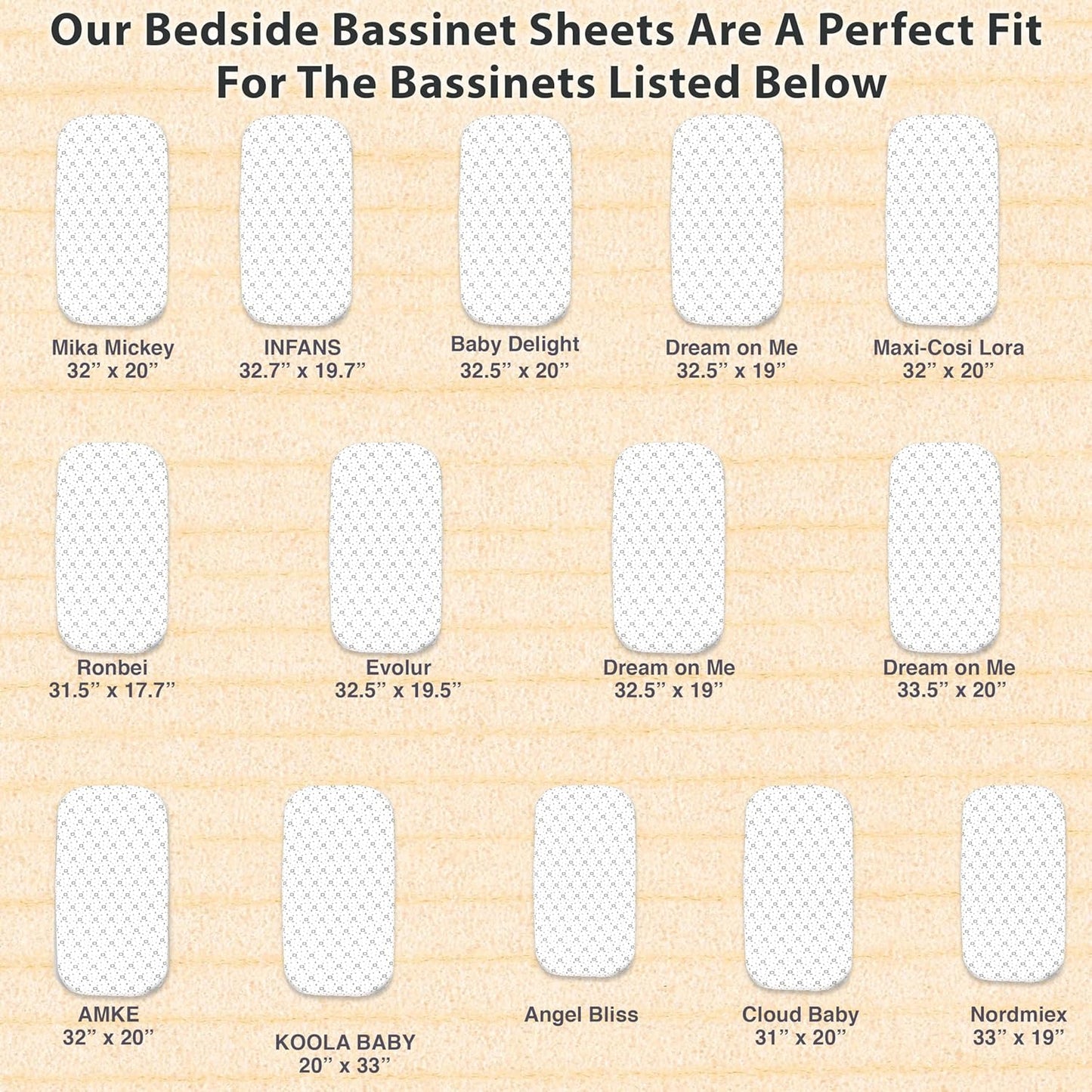 3-Pack Bedside Sleeper Bassinet Sheets | GOTS Certified Organic 100% Muslin Cotton | Ultra Soft & Breathable | 33×20×4” Fitted Sheets | Universal Fit 29–33” x 17–21” Pads