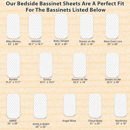 3-Pack Bedside Sleeper Bassinet Sheets | GOTS Certified Organic 100% Muslin Cotton | Ultra Soft & Breathable | 33×20×4” Fitted Sheets | Universal Fit 29–33” x 17–21” Pads