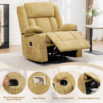 Swivel Rocker Recliner Chair, Lazy Boy Recliner with Cup Holders, 360 Degree Rotating Nursery Rocking Chair, Manual Glider Recliner for Living Room (1, Yellow)