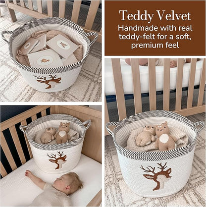 Deer Storage Basket for Nursery – Large 15”x11” Cotton Rope Bin with Soft Felt Animal Patch – Toy Organizer, Baby Laundry Hamper, Diaper & Towel Holder – Foldable, Washable & Baby-Safe
