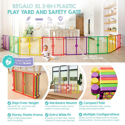 Regalo Safety 192" Super Wide Baby Gate & Play Yard, 2-in-1 Adjustable Playpen for Babies, Toddlers & Pets, Includes Wall Mount Kit, Plastic, Gray