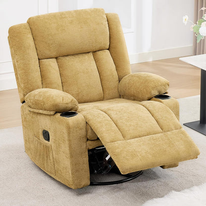 Swivel Rocker Recliner Chair, Lazy Boy Recliner with Cup Holders, 360 Degree Rotating Nursery Rocking Chair, Manual Glider Recliner for Living Room (1, Yellow)