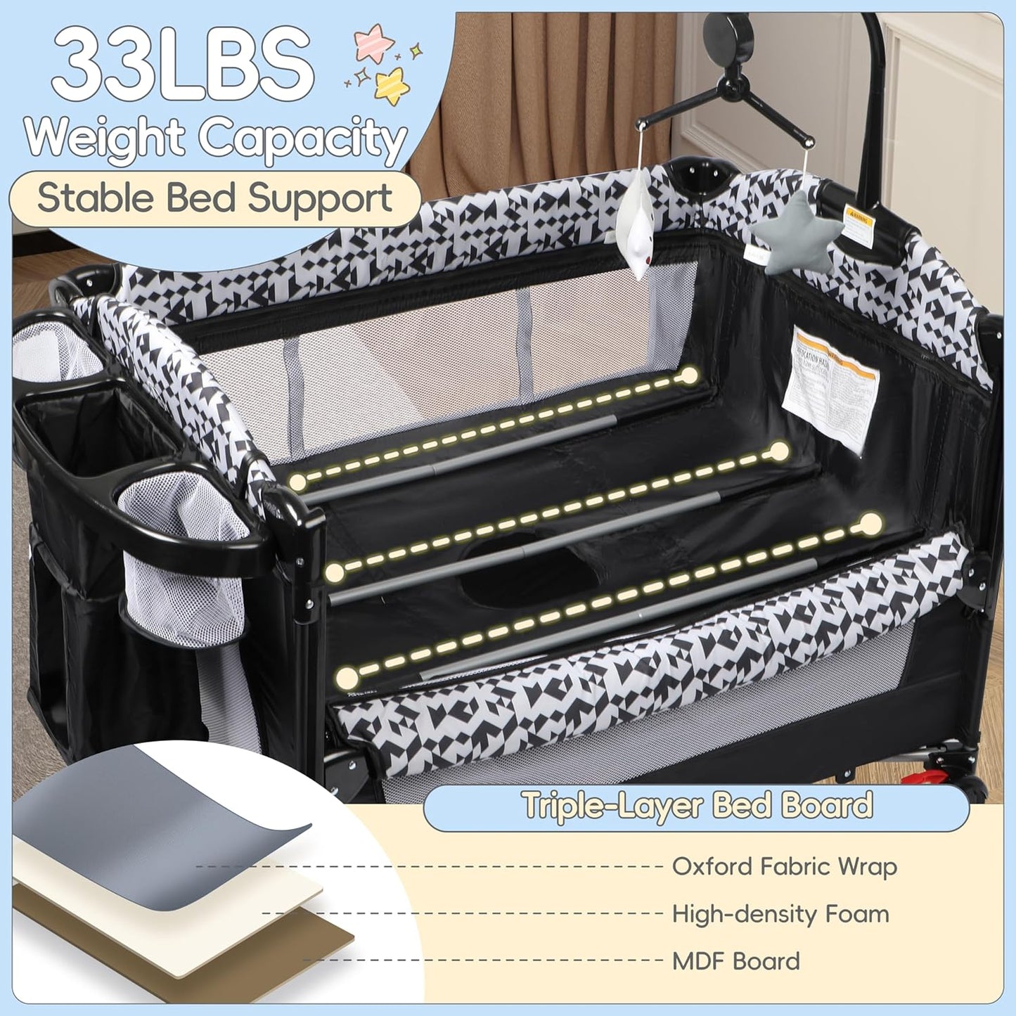 Xilingol 5-in-1 Pack and Play, Baby Bassinet Bedside Sleeper with Diaper Changer, Storage Bag & Music Box, Portable Baby Crib with Carry Bag, Foldable Playard with Bassinet for Newborn to Toddlers