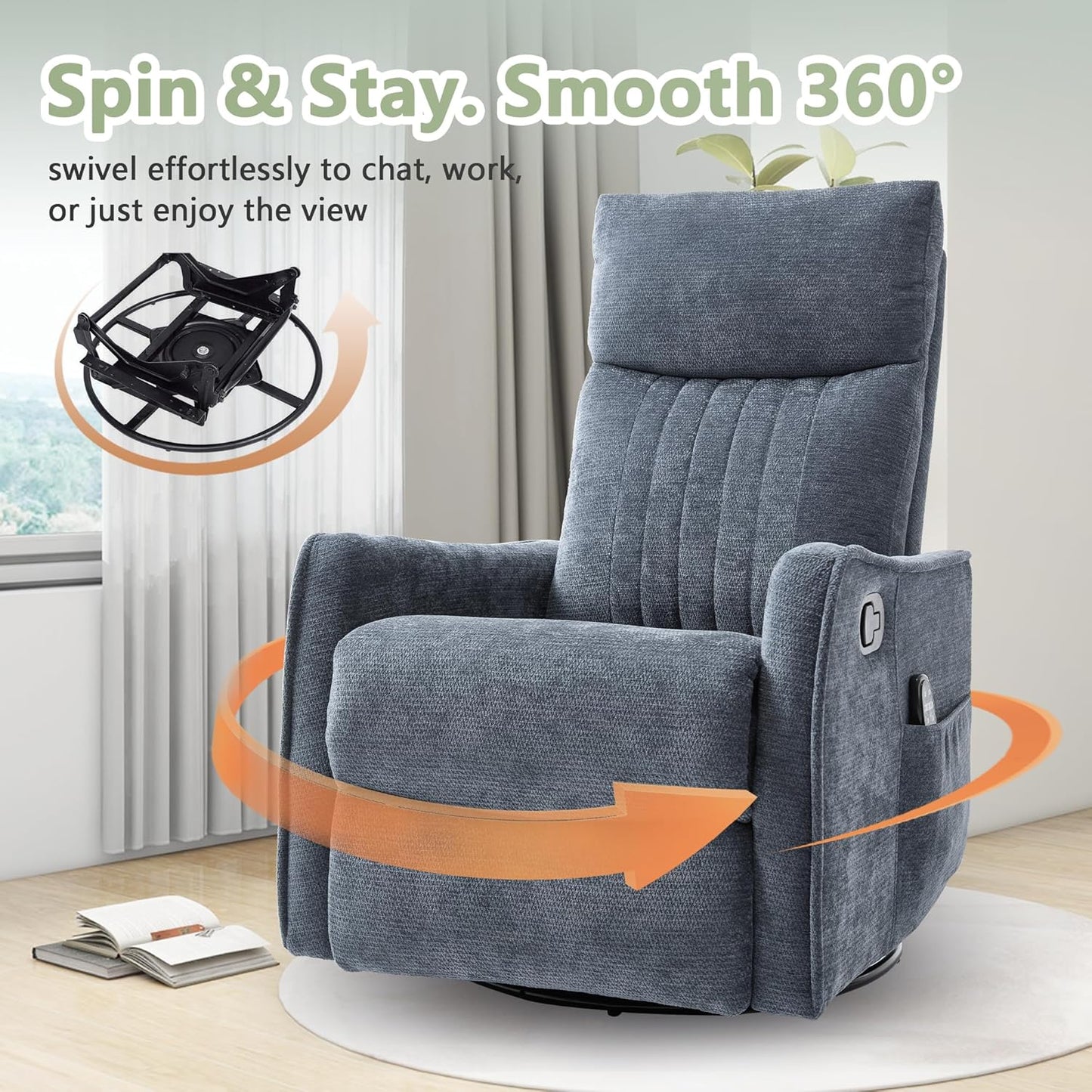 cinkehome Swivel Rocker Recliner, Glider Rocker Recliner Chair for Nursery, Manual Reclining Chair with Heated Massage, Small Spaces, Living Room, Khaki Chenille