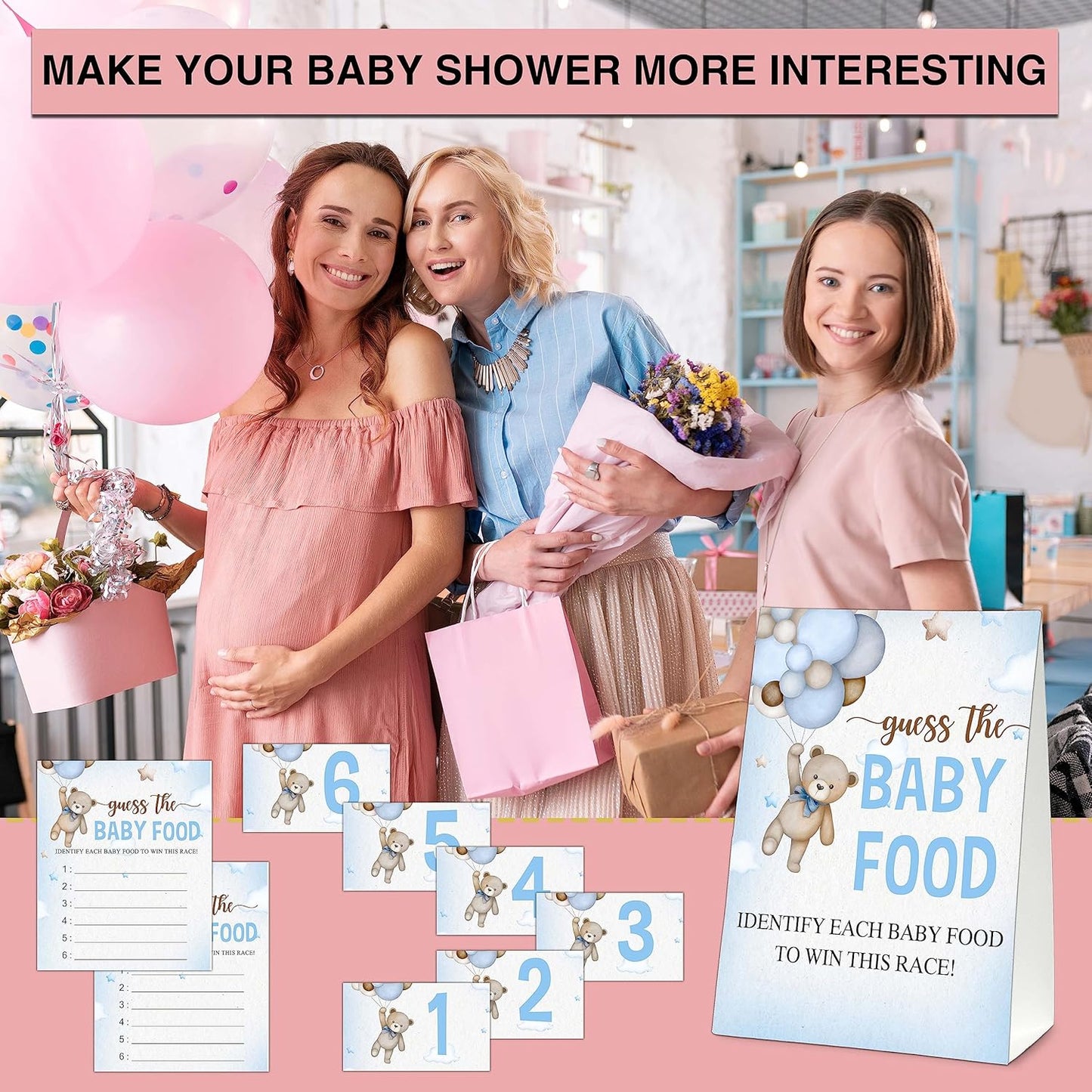 Guess the Baby Food Party Games, Baby Shower Game Set, 1 Standing Sign + 25 Answer Cards + 6 Number Cards, Boho Wild West Gender Reveal Party Decoration Supplies -B05