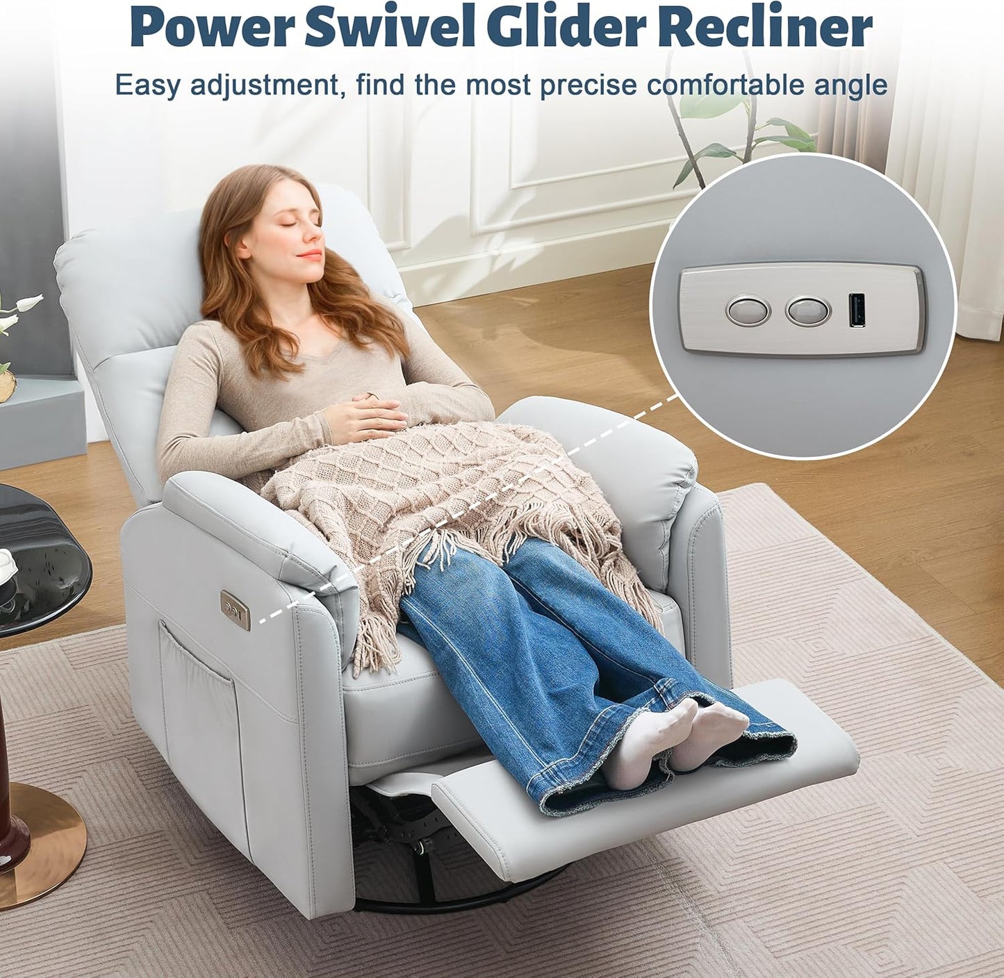 Power Glider Recliner Nursery Rocking Chair with USB Ports, Glider Chair with Lumbar Pillow for Living Room, Glider Swivel Recliner Chair for Nursery(Beige)