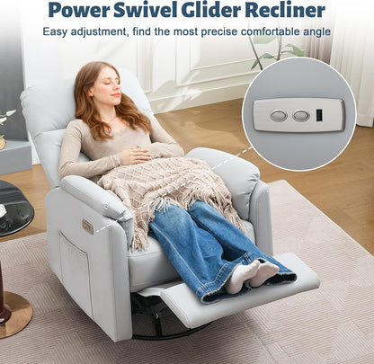 Power Glider Recliner Nursery Rocking Chair with USB Ports, Glider Chair with Lumbar Pillow for Living Room, Glider Swivel Recliner Chair for Nursery(Beige)