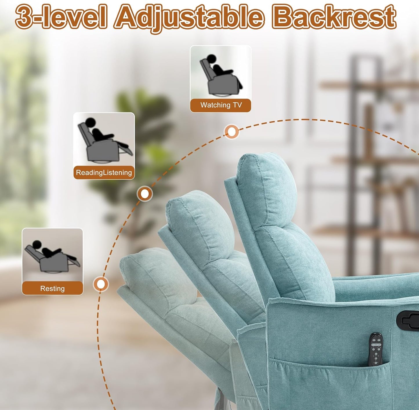 Manual 360° Swivel Rocker Recliner Chair for Adults, Overstuffed Glider Chair for Nursery with Vibration Massage and Heat, Comfy Soft Fabric Glider with Side Pockets for Living Room, Beige