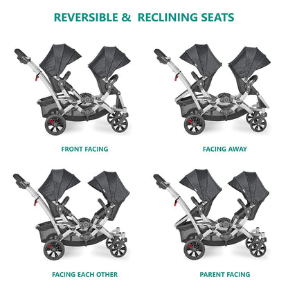 Dream On Me Track Tandem Double Umbrella Stroller in Slate, Lightweight Double Stroller for Infant and Toddler, Multi-Position Reversible & Reclining Seats, Large Storage Basket and Canopy