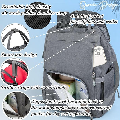 Diaper Bag Backpack for Dad and Mom with USB Charging Port Stroller Straps and Insulated Pocket,army military Travel Nappy Backpack (Dark Grey)