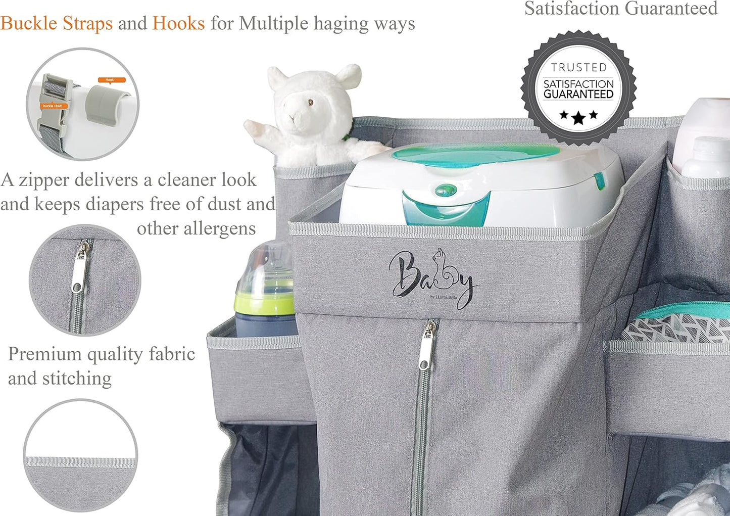 Premium Nursery Organizer | Hanging Diaper Caddy for Baby Essentials | Crib, Changing Table or Playard Storage Organizer | 8-Compartment