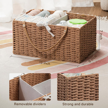 Angelhood Large Paper Rope Diaper Caddy, Baby Essentials Organizer, Portable Baby Shower Baskets Gift Bin, Car Storage Bag for Nursery
