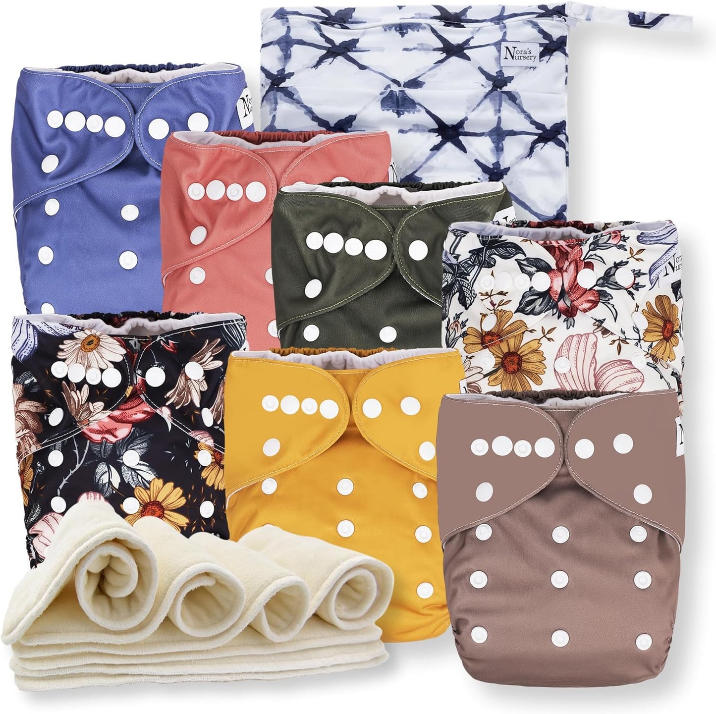 Nora's Nursery Cloth Diapers 7 Pack with 7 Inserts & 1 Wet Bag - Waterproof Cover, Washable, Reusable & One Size Adjustable Pocket Diapers for Newborns and Toddlers - Delilah