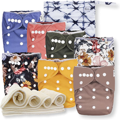 Nora's Nursery Cloth Diapers 7 Pack with 7 Inserts & 1 Wet Bag - Waterproof Cover, Washable, Reusable & One Size Adjustable Pocket Diapers for Newborns and Toddlers - Delilah