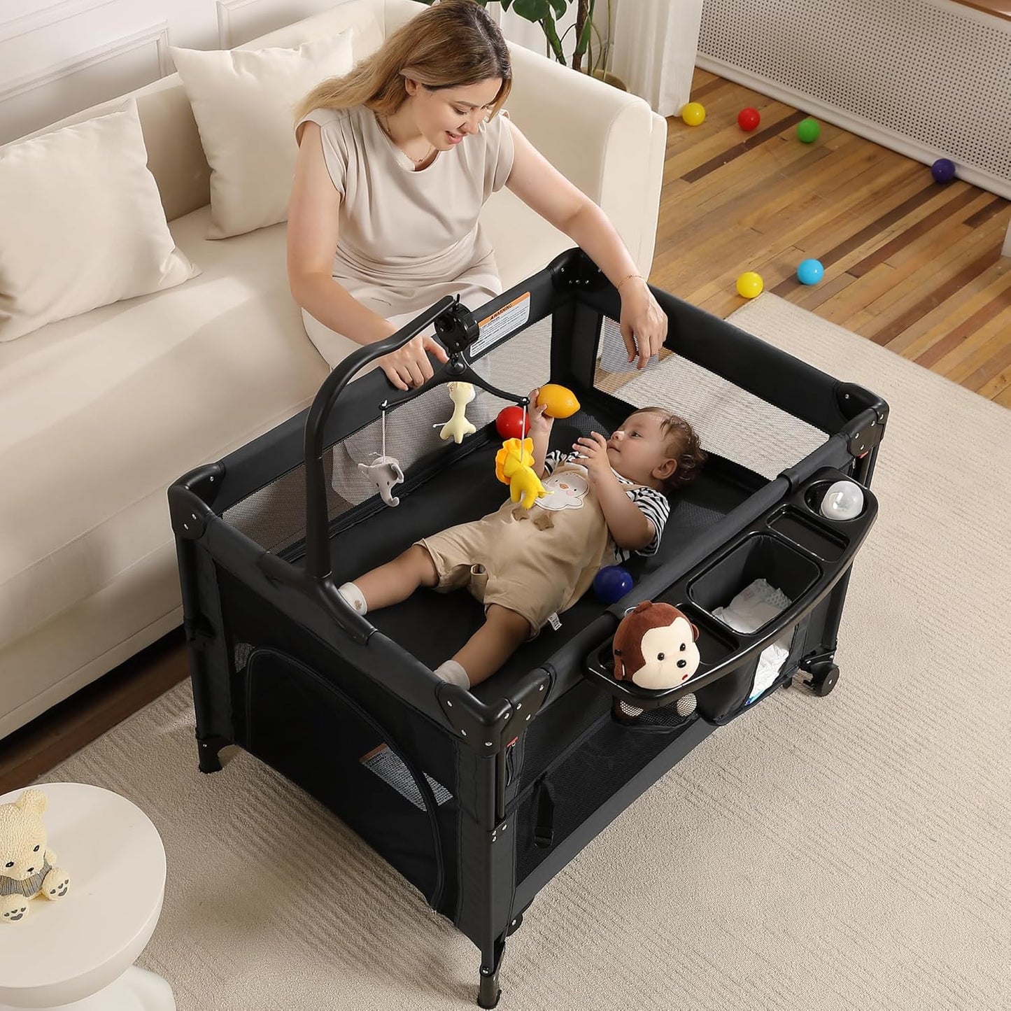 4 in 1 Pack and Play, Portable Travel Baby Bassinet, Foldable Travel Playard Playpen for Toddler, Bedside Crib Sleeper, Diaper Changer Table, Baby Playard for Newborn (Black)