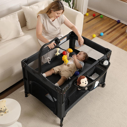 4 in 1 Pack and Play, Portable Travel Baby Bassinet, Foldable Travel Playard Playpen for Toddler, Bedside Crib Sleeper, Diaper Changer Table, Baby Playard for Newborn (Black)