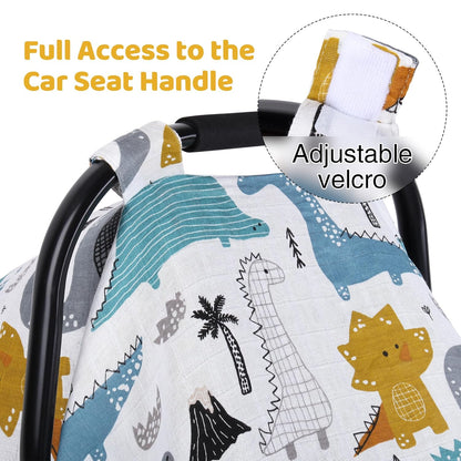 Rquite Car Seat Cover Baby for Girls Boys, 100% Muslin Cotton Infant Carseat Canopy, Soft Breathable Stroller Sun Shade & Newborn Shower Gift, Large Size Universal Fit Summer, Hot & Warm Weather