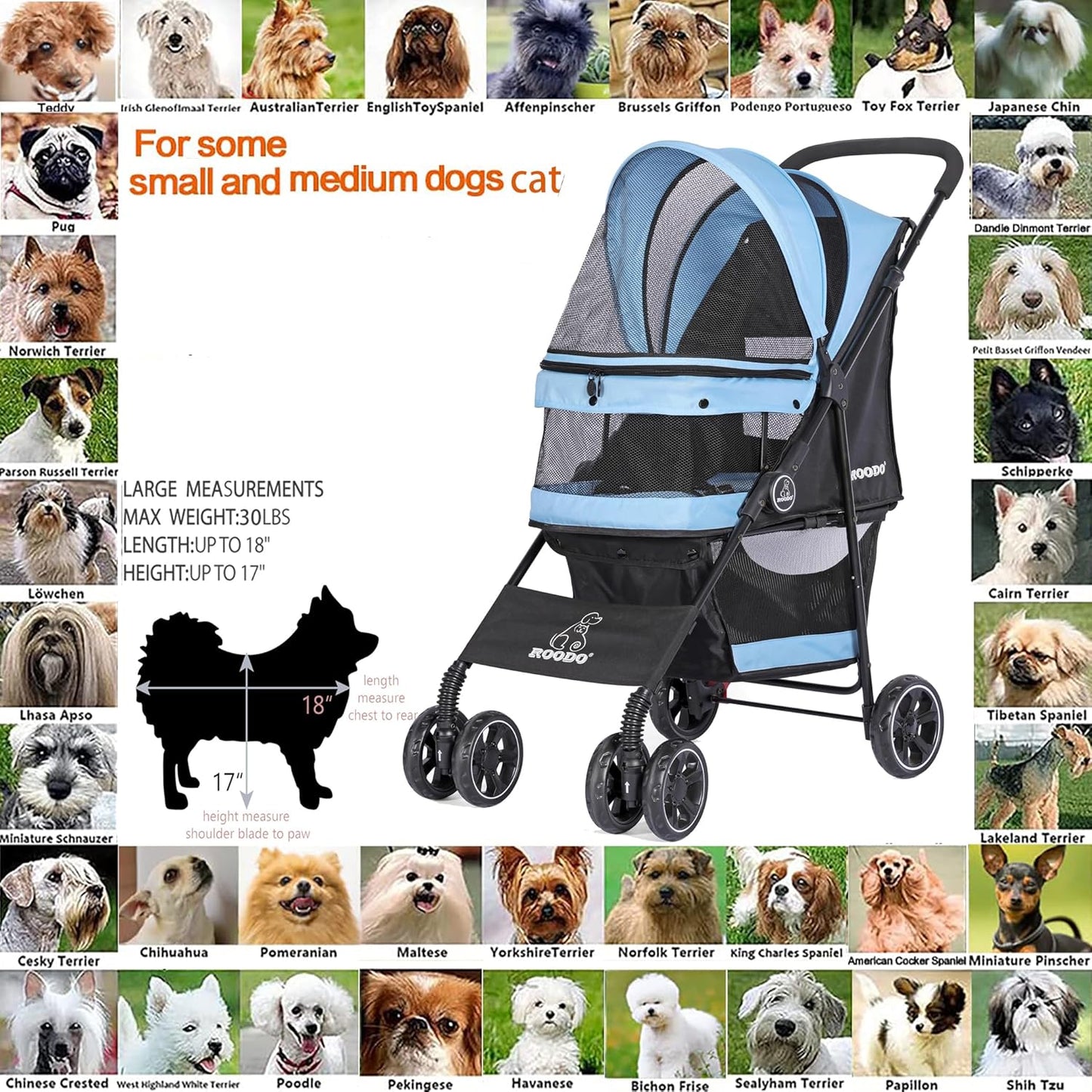 ROODO 4 Wheel Dog Cat Pet Stroller Best Lightweight Foldable Compact Portable Jogger All Terrain Travel Pet Gear Puppy Doggie Bunny Kitty Stroller for up to 30lbs Medium Small Dogs Cats(Light Khaki)
