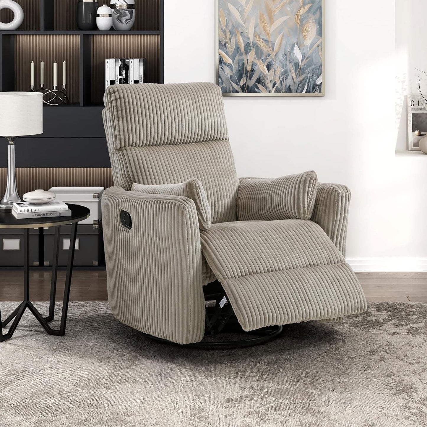 Lexicon Modern Swivel Glider Recliner Chair, Nursery Glider, Corduroy Fabric Upholstery Recliner with 2 Lumbar Pillows, Manual Reclining Sofa Chair for Living Room/Office/Apartment, Beige
