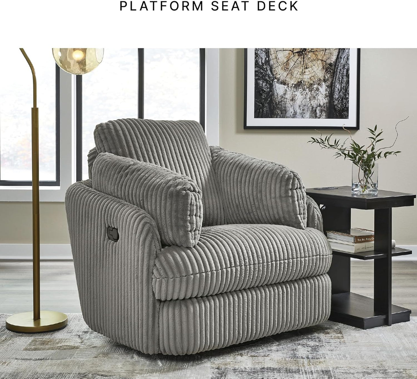 Signature Design by Ashley Tie-Breaker Cozy Contemporary Manual Press-Back Swivel Glider Rocker Recliner with 2 Bolster Pillows and Hidden Storage, White