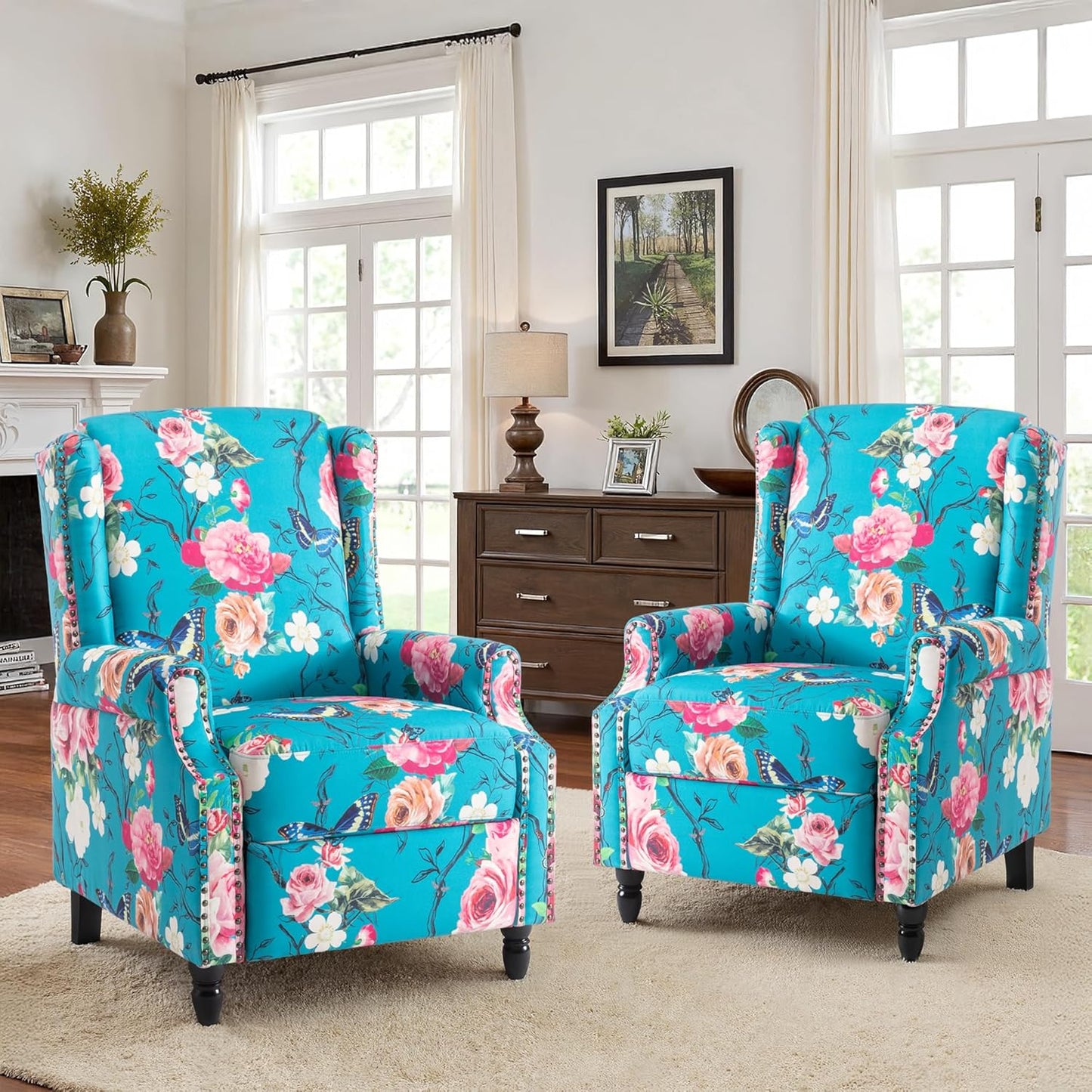 Swivel Rocker Recliner Chair, Manual Nursery Glider Recliner, Floral Fabric Wingback Accent Chair with Adjustable Backrest & Footrest for Small Spaces Living Room Bedroom (Plants Floral, Set of 1)