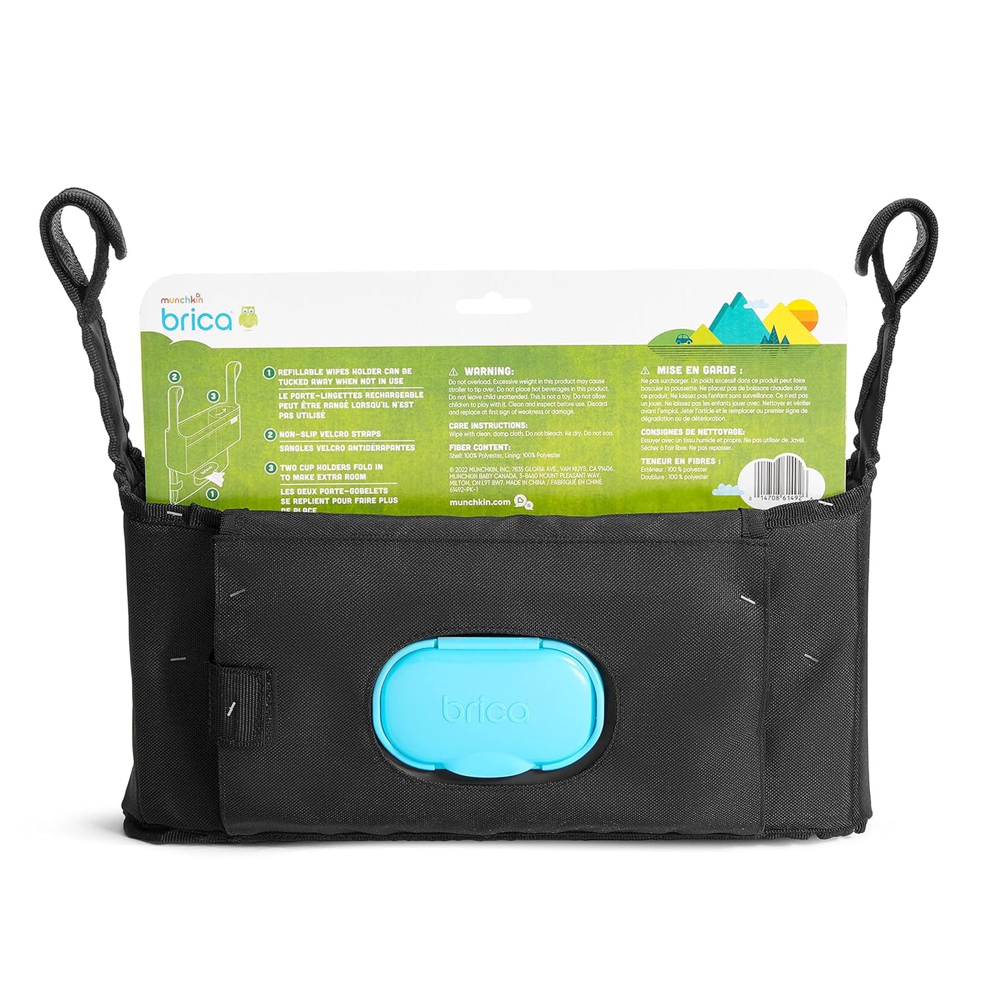 Munchkin Stroller Organizer with Cup Holders and Wet Wipes Case - Travel Storage Bag for Baby and Mom Essentials, Universal Fit, Fits UPPAbaby, Evenflo, BabyTrend and more, Black