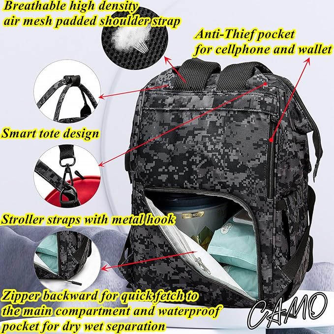 Camo Diaper Bag Backpack for Dad and Mom with USB Charging Port Stroller Straps and Insulated Pocket,army military Travel Nappy Backpack (DADDY and MOMMY patches)