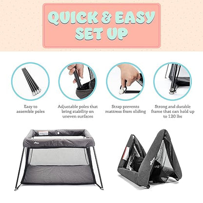 UNiPLAY Foldable Travel Crib, Lightweight Portable Playpen, Easy to Pack Playard with Comfortable Mattress and Breathable Mesh Liner for Infants and Toddlers
