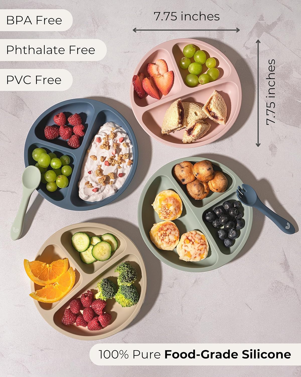 Hippypotamus Toddler Plates with Suction - 100% Food-Grade Silicone Baby Plates with Lids - Microwave & Dishwasher Safe - BPA Free - Set of 3 (Pink/Mint/Lavender with LIDS)