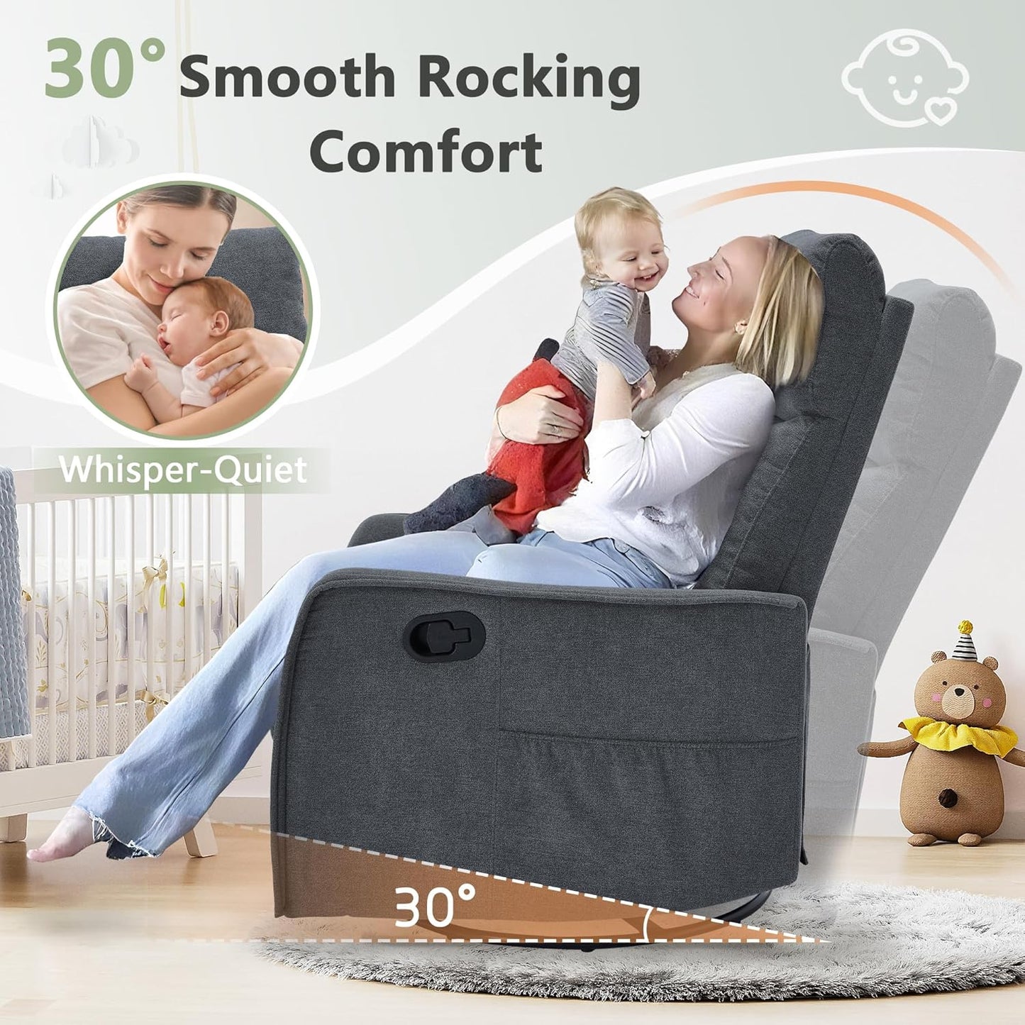 cinkehome Swivel Rocker Recliner, Glider Rocker Recliner Chair for Nursery, Manual Reclining Chair with Heated Massage, Small Spaces, Living Room, Khaki Chenille