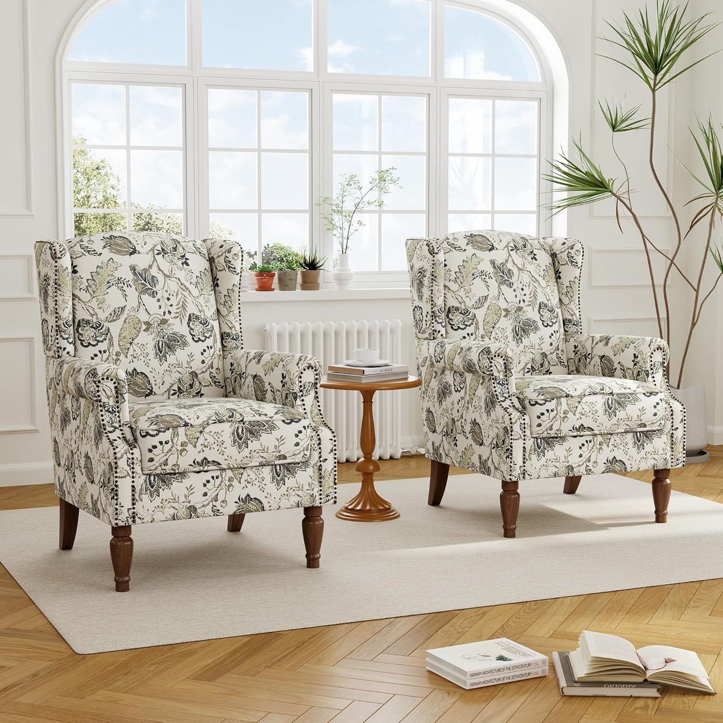 Swivel Rocker Recliner Chair, Manual Nursery Glider Recliner, Floral Fabric Wingback Accent Chair with Adjustable Backrest & Footrest for Small Spaces Living Room Bedroom (Plants Floral, Set of 1)