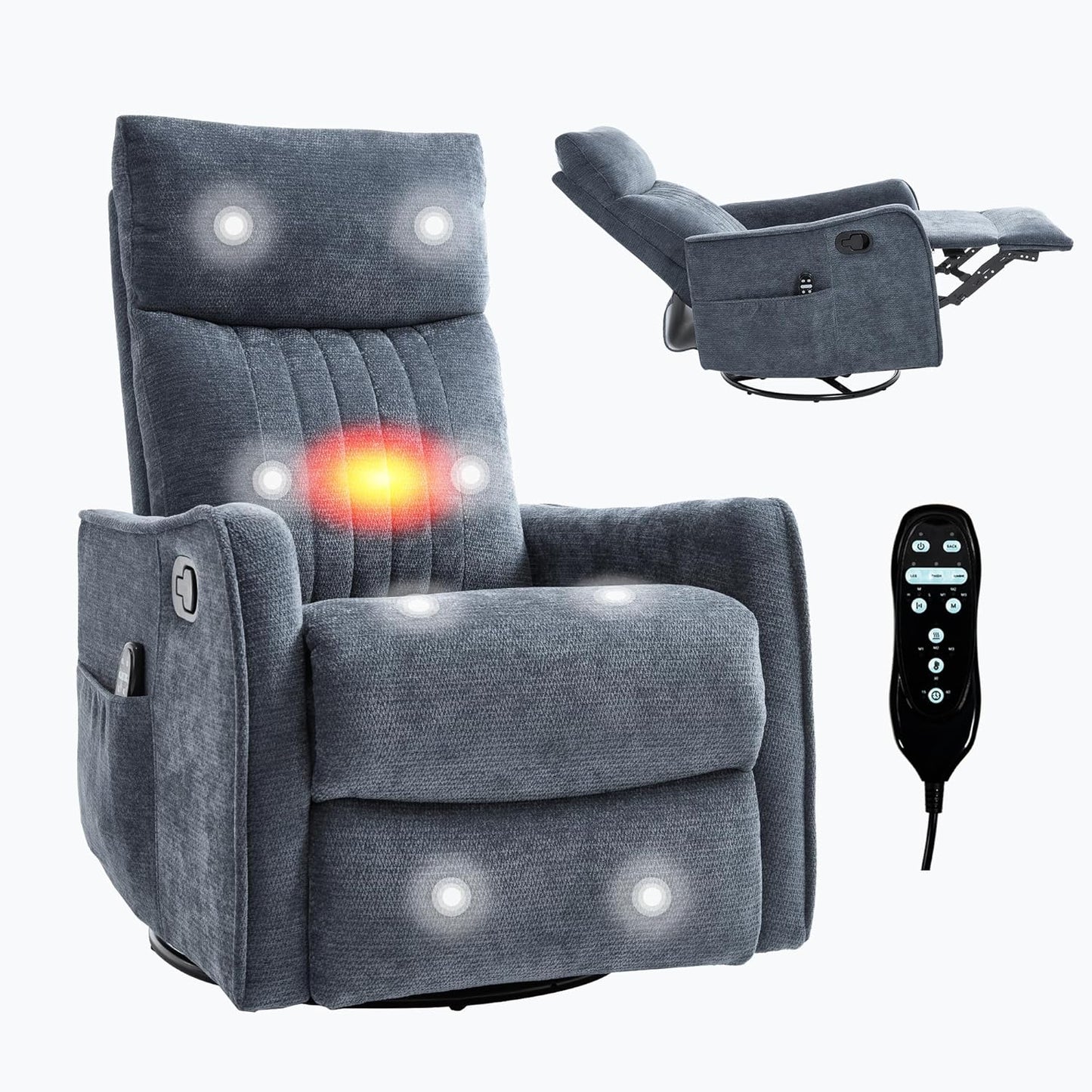 Casaphoria 360° Swivel Rocking Recliner Chair with Heat and Massage Upholstered Fabric Nursery Glider with Side Pocket for Living Room,Bedroom,Home Theater and RV Small Space(Light Gray)