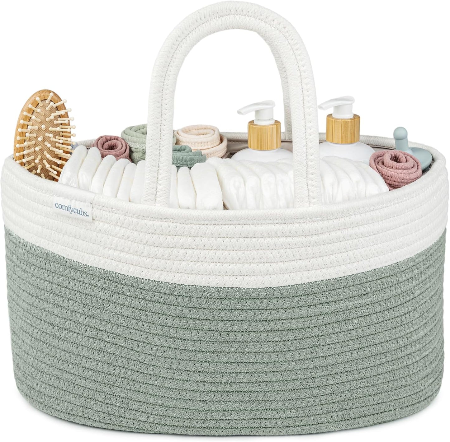 Comfy Cubs Rope Diaper Caddy Organizer 8.5" x 15" x 8" - Large Baby Diaper Basket with 3 Spacious Compartments - Stylish Cotton Baby Caddy Organizer for Diapers, Wipes & Essentials - Pacific Blue