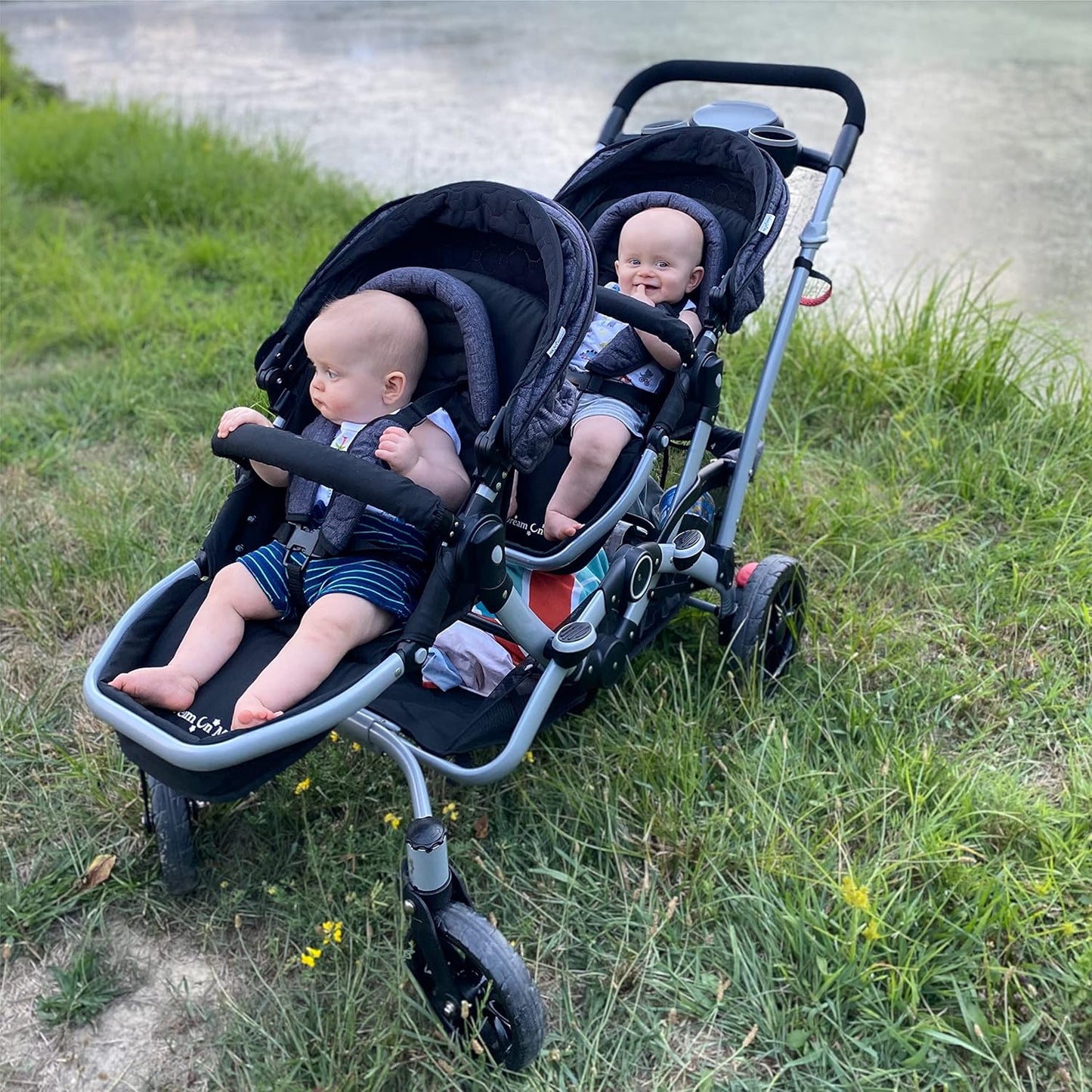 Dream On Me Track Tandem Double Umbrella Stroller in Slate, Lightweight Double Stroller for Infant and Toddler, Multi-Position Reversible & Reclining Seats, Large Storage Basket and Canopy