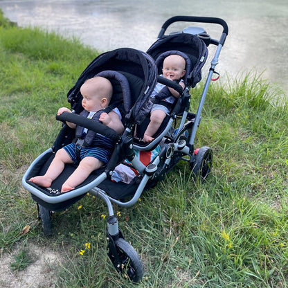 Dream On Me Track Tandem Double Umbrella Stroller in Slate, Lightweight Double Stroller for Infant and Toddler, Multi-Position Reversible & Reclining Seats, Large Storage Basket and Canopy