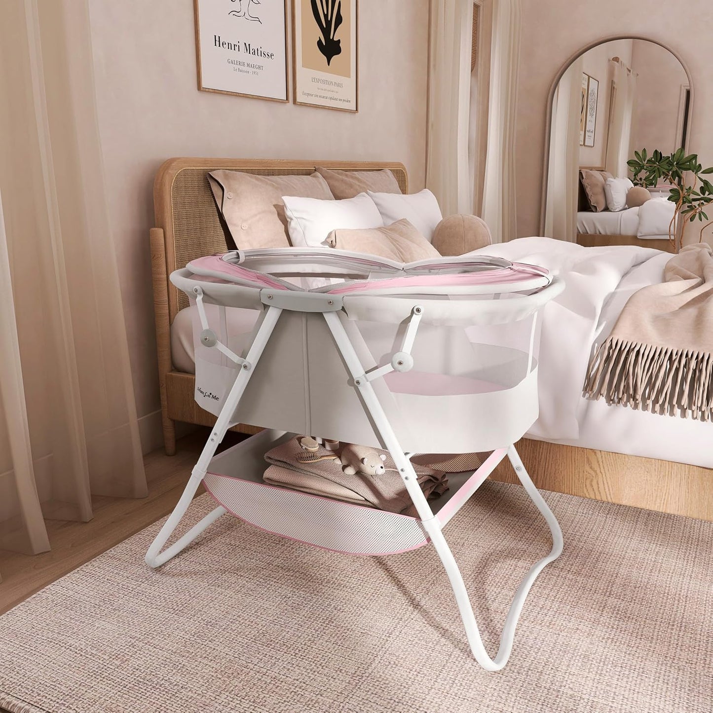 Dream On Me Karley Bassinet, Award Winner Lightweight Travel Baby Bassinet, Foldable Bedside Sleeper, Adjustable Double Canopy, Spacious Design, Soft Fabric, Storage Basket – Blue and Grey