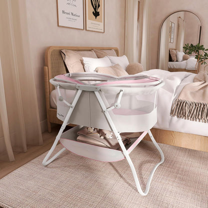 Dream On Me Karley Bassinet, Award Winner Lightweight Travel Baby Bassinet, Foldable Bedside Sleeper, Adjustable Double Canopy, Spacious Design, Soft Fabric, Storage Basket – Blue and Grey