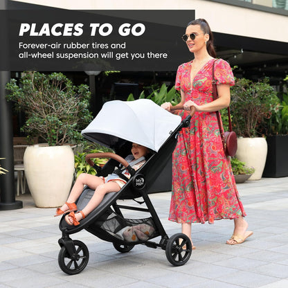 Baby Jogger City Mini GT3 All Terrain Baby Stroller with Forever Air Rubber Tires, All Wheel Suspension, Lightweight Stroller with Magnetic Buckle, No-Rethread Harness, and Foot Brake, Frosted Ivory