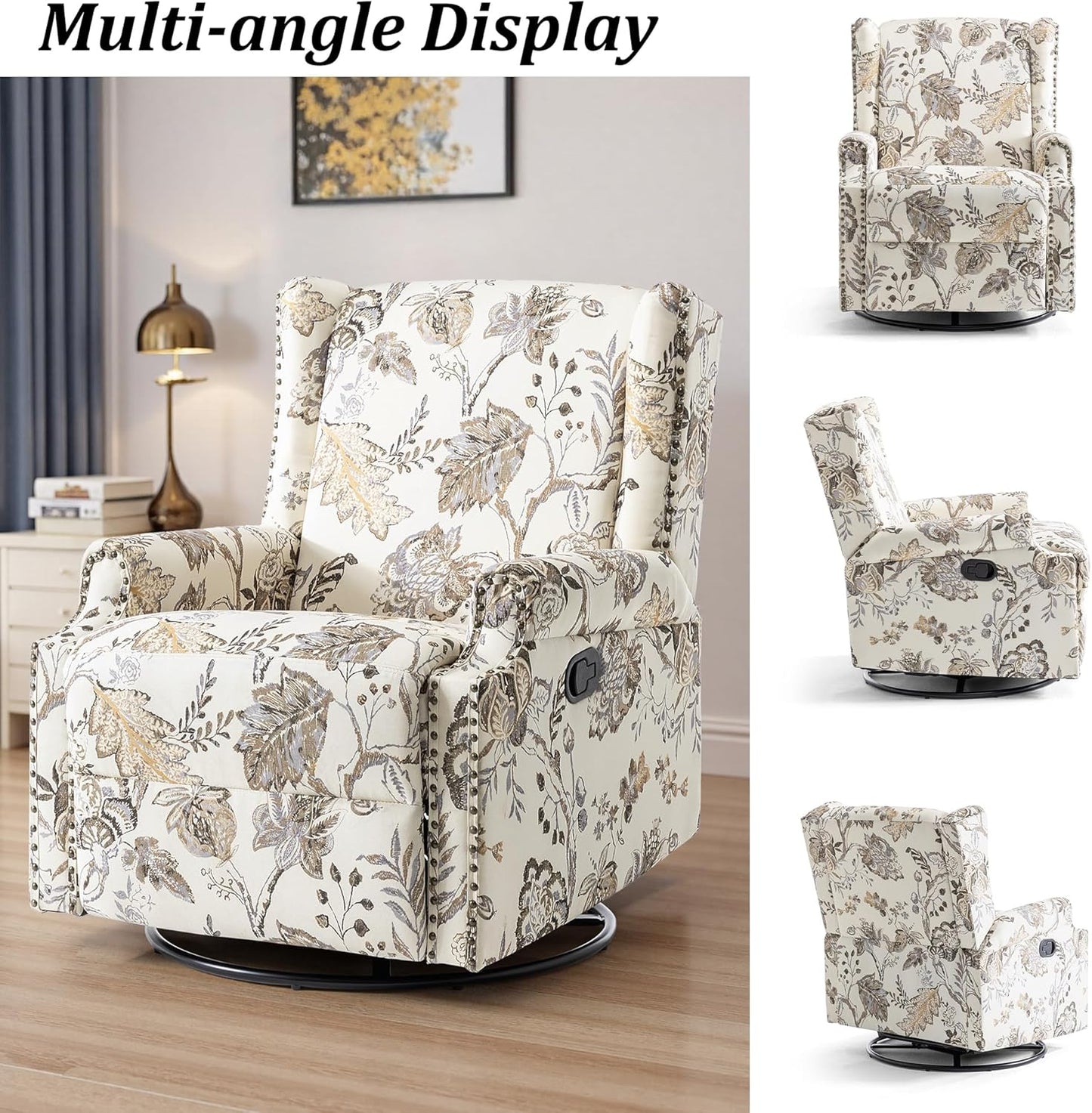 Swivel Rocker Recliner Chair, Manual Nursery Glider Recliner, Floral Fabric Wingback Accent Chair with Adjustable Backrest & Footrest for Small Spaces Living Room Bedroom (Plants Floral, Set of 1)