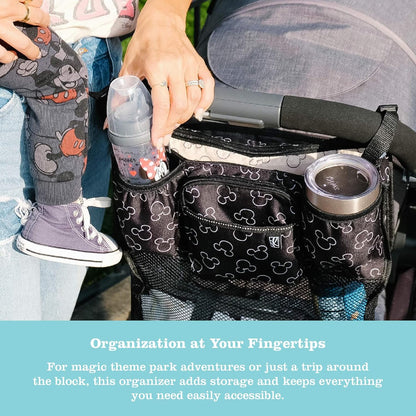 Disney Baby by J.L. Childress Cups 'N Cargo Stroller Caddy Organizer with Cup Holder - Stroller Accessories Bag, Travel Essential, Mesh Storage Attachment, Universal Fit - Mickey Mouse, Black