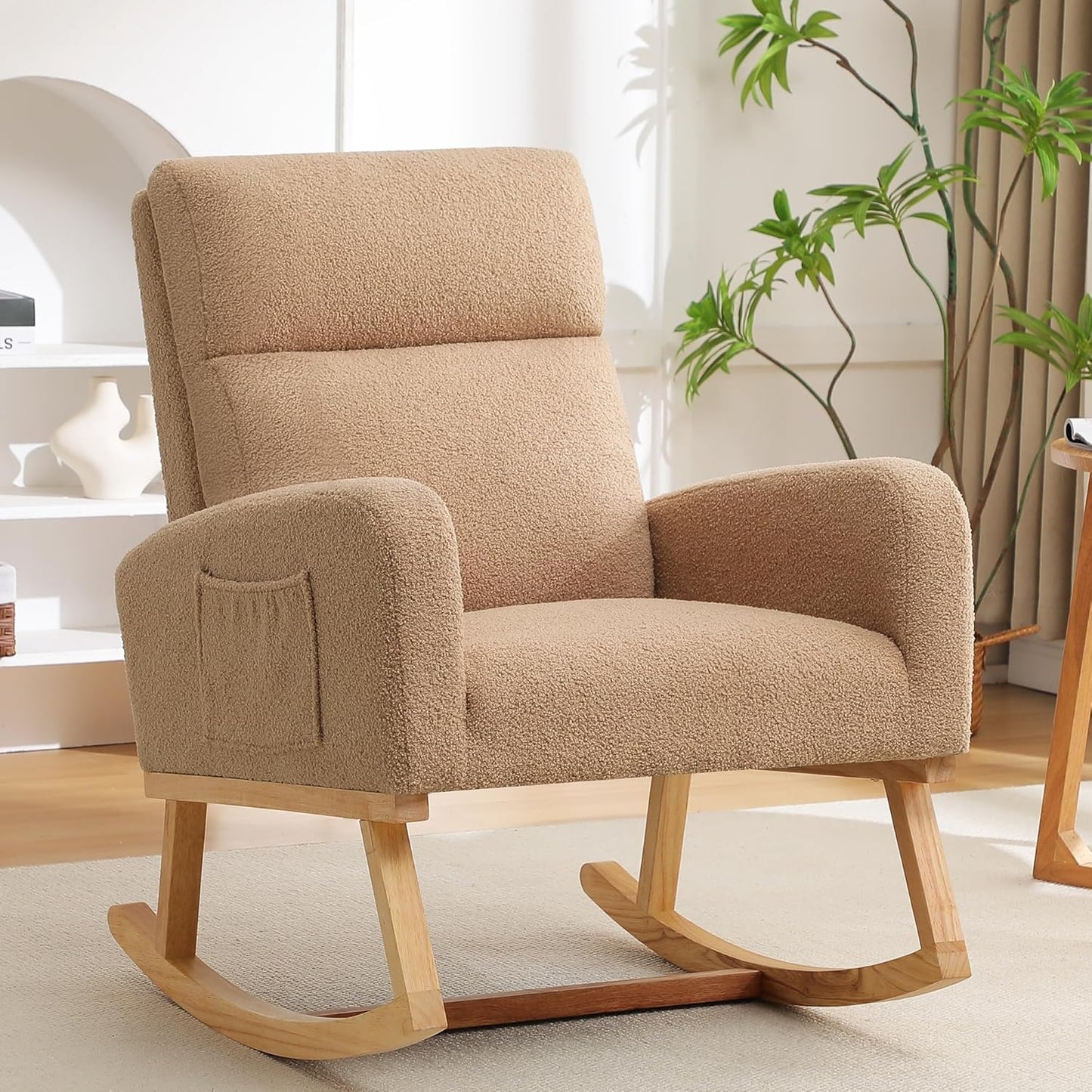 HCHAIRH Rocking Chair Nursery, Upholstered Fabricr Nursing Rocking Chairs with Soft High Back, Modern Nursery Glider Rocker for Mom Living Room, Bedroom, Camel